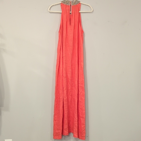 120% Lino Maxi Dress Linen Coral Beaded Neck size 42 (Small) - Picture 7 of 9